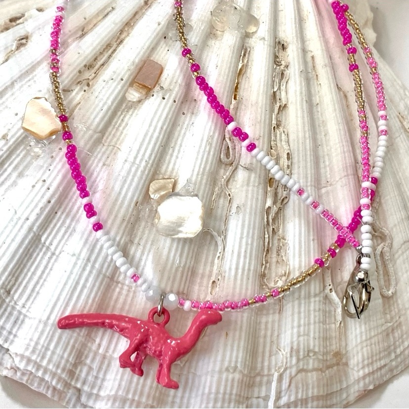Boho Pink Dinosaur Beaded Necklace